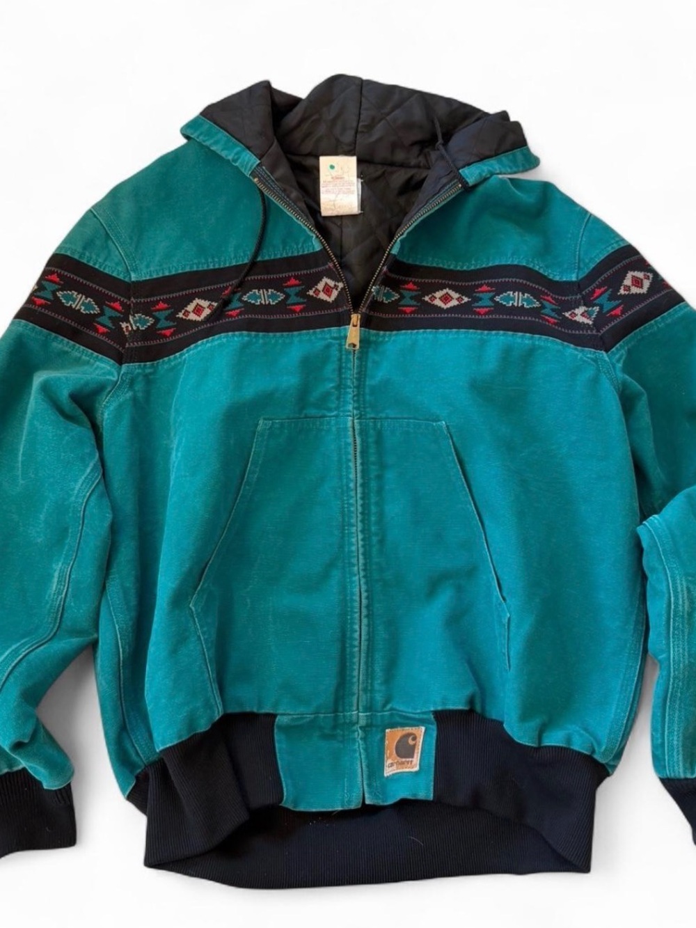Vintage Carhartt Teal Southwest Aztec Hooded Jacket Large 90s Workwear